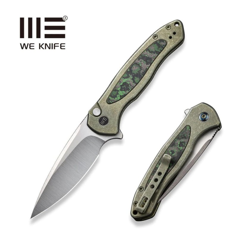 Nóż składany WE Knife Button Lock Kitefin LE No 000/157 Green Titanium/Jungle Wear Fat Carbon, Hand Polished Satin CPM 20CV (WE1