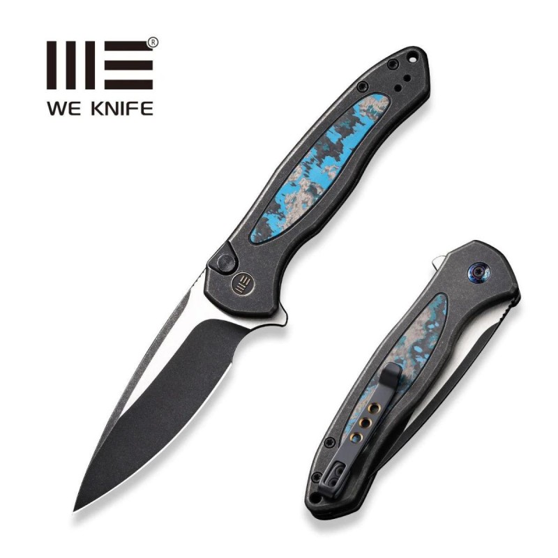 Nóż składany WE Knife Button Lock Kitefin LE No 000/157 Black Titanium/Arctic Storm Fat Carbon, Black Stonewashed Satin CPM 20CV